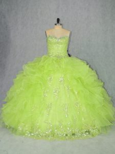 Fabulous Yellow Green Ball Gowns Beading and Ruffles Vestidos de Quinceanera Lace Up Organza Sleeveless Floor Length