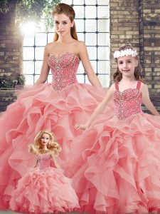 Watermelon Red Ball Gowns Sweetheart Sleeveless Tulle Brush Train Lace Up Beading and Ruffles Quinceanera Dress