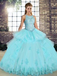 Delicate Aqua Blue Lace Up Quince Ball Gowns Lace and Embroidery and Ruffles Sleeveless Floor Length
