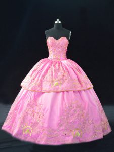 Best Selling Rose Pink Ball Gowns Sweetheart Sleeveless Satin Floor Length Lace Up Embroidery Quince Ball Gowns