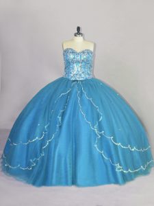 Classical Sweetheart Sleeveless Brush Train Lace Up Sweet 16 Dress Blue Tulle