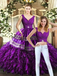 Organza V-neck Sleeveless Backless Beading and Embroidery and Ruffles Vestidos de Quinceanera in Purple