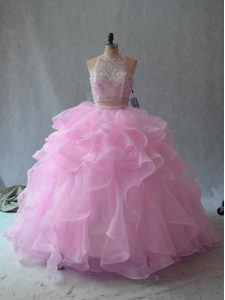 Sleeveless Organza Floor Length Backless Quinceanera Dress in Pink with Beading and Ruffles
