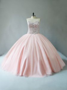 Deluxe Ball Gowns Sweet 16 Dresses Peach Sweetheart Tulle Sleeveless Floor Length Lace Up