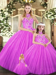 Lilac Tulle Lace Up Quince Ball Gowns Sleeveless Floor Length Embroidery