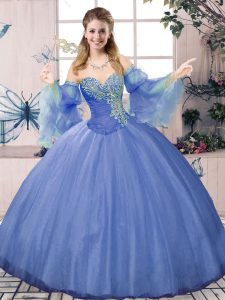 Fine Blue Ball Gowns Sweetheart Sleeveless Tulle Floor Length Lace Up Beading Sweet 16 Quinceanera Dress