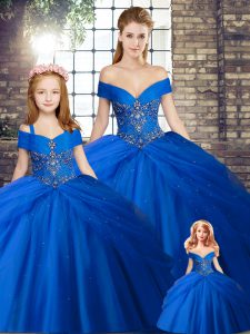 Modest Royal Blue Lace Up Off The Shoulder Beading and Pick Ups 15 Quinceanera Dress Tulle Sleeveless Brush Train