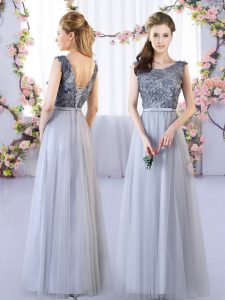 Grey Scoop Neckline Appliques Court Dresses for Sweet 16 Sleeveless Lace Up