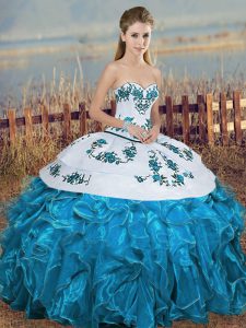 Flirting Sleeveless Floor Length Embroidery and Ruffles and Bowknot Lace Up Quinceanera Gown with Blue And White
