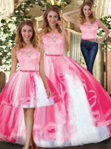 Artistic Hot Pink Three Pieces Tulle Scoop Sleeveless Lace and Ruffles Floor Length Clasp Handle Quinceanera Dress