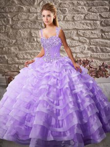 Elegant Lavender Quince Ball Gowns Sweet 16 and Quinceanera with Beading and Ruffled Layers Straps Sleeveless Court Train Lace Up