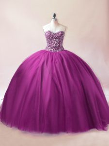 Perfect Sleeveless Tulle Floor Length Lace Up Quinceanera Dress in Purple with Beading