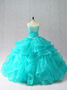 Elegant Floor Length Aqua Blue Quince Ball Gowns Sweetheart Sleeveless Lace Up