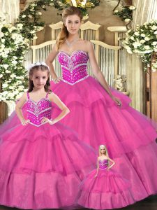 Hot Sale Hot Pink Sleeveless Organza Lace Up Quinceanera Gown for Sweet 16 and Quinceanera
