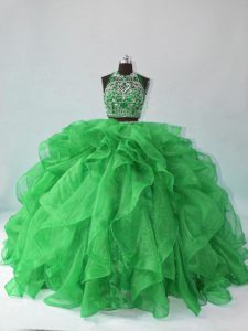 Green Backless Halter Top Beading and Ruffles Vestidos de Quinceanera Organza Sleeveless