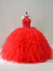 Modest Red Lace Up Quinceanera Dress Beading and Ruffles Sleeveless Floor Length