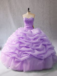 Lavender Organza Lace Up Sweetheart Sleeveless Floor Length Vestidos de Quinceanera Beading and Pick Ups