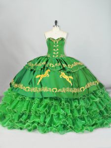 Hot Selling Sleeveless Embroidery and Ruffled Layers Lace Up Quinceanera Dresses with Green Brush Train