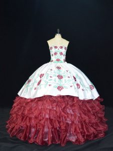 Luxurious Burgundy Organza Lace Up Sweetheart Sleeveless Floor Length Quinceanera Dress Embroidery and Ruffles