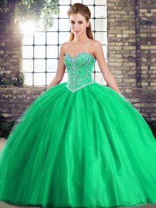 Low Price Sleeveless Brush Train Beading Lace Up Quince Ball Gowns