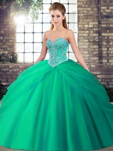 Sleeveless Beading and Pick Ups Lace Up Quinceanera Gown with Turquoise Brush Train