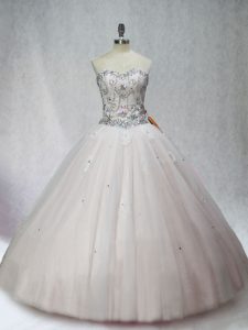Sumptuous Tulle Sweetheart Sleeveless Lace Up Beading Ball Gown Prom Dress in White
