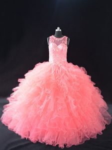 Shining Watermelon Red Lace Up Quinceanera Gowns Beading and Ruffles Sleeveless Floor Length