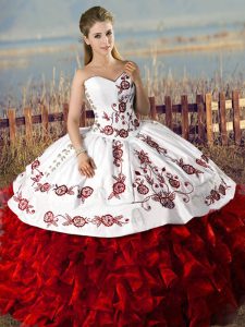 Attractive Embroidery and Ruffles Quinceanera Gowns White And Red Lace Up Sleeveless Floor Length