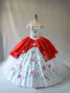 White And Red Sleeveless Embroidery and Ruffled Layers Lace Up Sweet 16 Quinceanera Dress