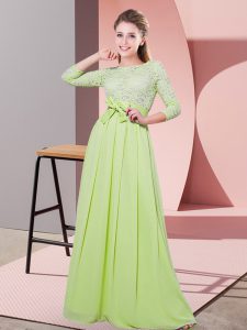 Yellow Green Dama Dress Wedding Party with Lace and Belt Scoop 3 4 Length Sleeve Side Zipper