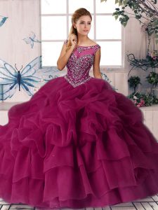 Modest Scoop Sleeveless Ball Gown Prom Dress Brush Train Beading and Pick Ups Fuchsia Organza