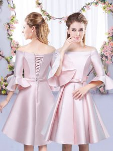 Affordable Mini Length Baby Pink Quinceanera Dama Dress Off The Shoulder 3 4 Length Sleeve Lace Up