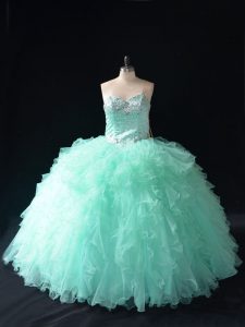 Affordable Apple Green Sweetheart Lace Up Beading and Ruffles Quinceanera Gown Sleeveless