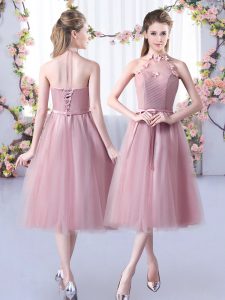 Enchanting Tea Length Lace Up Quinceanera Dama Dress Pink for Wedding Party with Appliques and Belt