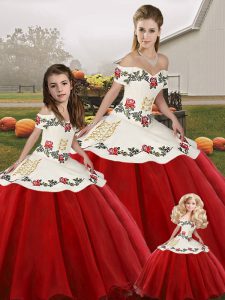 White And Red Organza Lace Up Off The Shoulder Sleeveless Floor Length Quinceanera Dress Embroidery