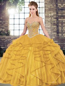 Beautiful Gold Ball Gowns Tulle Sweetheart Sleeveless Beading and Ruffles Floor Length Lace Up Vestidos de Quinceanera