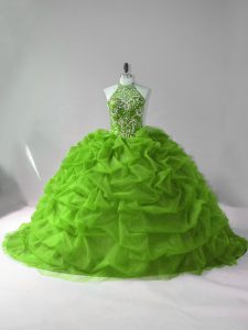 Designer Green Organza Lace Up Sweet 16 Dresses Sleeveless Court Train Beading and Pick Ups