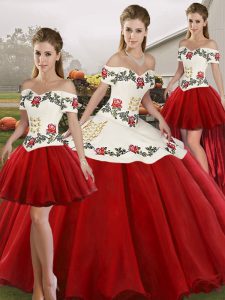 Embroidery Quinceanera Gowns White And Red Lace Up Sleeveless Floor Length