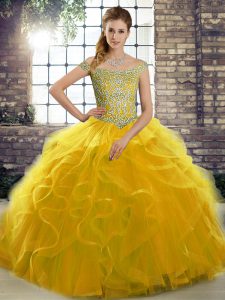 Romantic Gold Ball Gowns Tulle Off The Shoulder Sleeveless Beading and Ruffles Lace Up Quinceanera Dress Brush Train