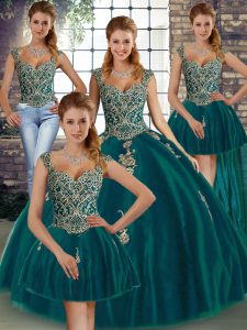 Hot Sale Peacock Green Tulle Lace Up Straps Sleeveless Floor Length Quinceanera Dress Beading and Appliques