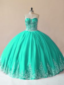 Stunning Ball Gowns Quinceanera Dresses Turquoise Sweetheart Tulle Sleeveless Floor Length Lace Up