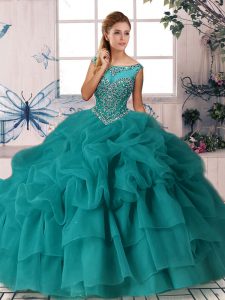 Best Selling Organza Scoop Sleeveless Brush Train Zipper Beading and Pick Ups Quince Ball Gowns in Teal