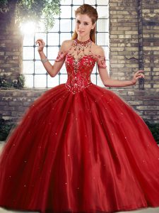 Customized Brush Train Ball Gowns Ball Gown Prom Dress Wine Red Halter Top Tulle Sleeveless Lace Up