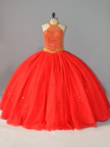 Glittering Tulle Halter Top Sleeveless Lace Up Beading Quinceanera Gowns in Red