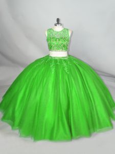 Green Ball Gowns Beading and Appliques Quinceanera Gown Lace Up Tulle Sleeveless Floor Length