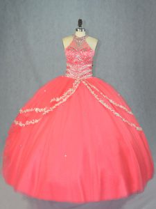 Custom Fit Ball Gowns 15 Quinceanera Dress Watermelon Red Halter Top Tulle Sleeveless Floor Length Lace Up