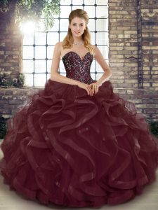 Discount Burgundy Sleeveless Beading and Ruffles Floor Length Quinceanera Gown