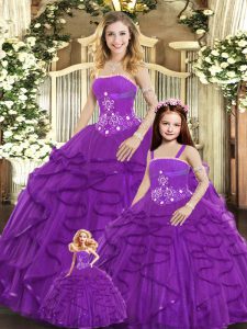 Pretty Floor Length Purple 15 Quinceanera Dress Tulle Sleeveless Beading and Ruffles