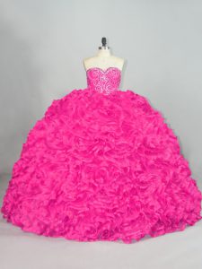 Hot Pink Quinceanera Dress Sweet 16 and Quinceanera with Beading and Ruffles Sweetheart Sleeveless Brush Train Lace Up