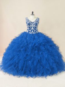 Modern Ball Gowns Vestidos de Quinceanera Blue V-neck Tulle Sleeveless Backless